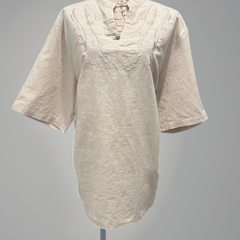 Utcoco Linen Cotton Blend Beige Tunic Top w/ Emroidery Accents NWT Sz XL